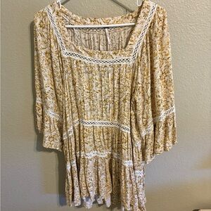 Free People Boho Floral Tunic Top with Crochet Lace - Size M